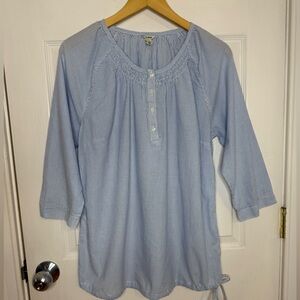 LL Bean Cotton Blue White Pinstriped Drawstring Blouse 3/4 Sleeve Large
